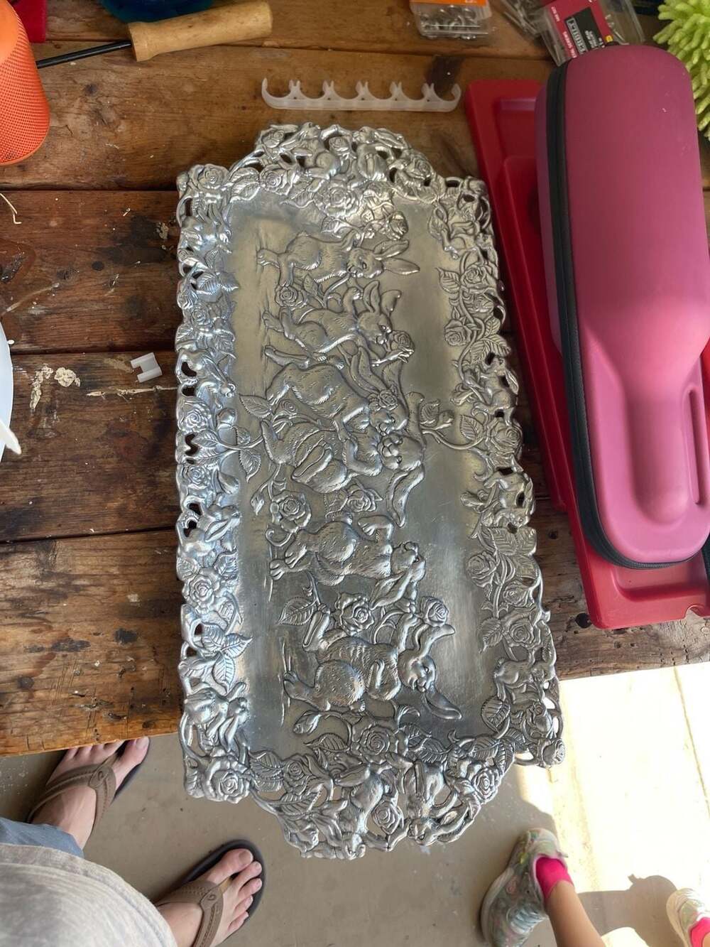 Vintage 1995 Arthur Court Aluminum Rabbit and Rose Reticulated XL Rectangular Tr